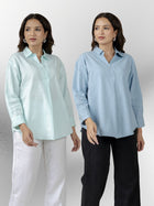 Light Blue & Firozi Airy Linen Pleated Cotton Tops