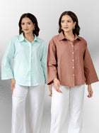 Bundle of 2 Light Blue & Light Brown Cotton Bell Sleeves Shirt
