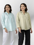 Light Blue & Light Green Airy Linen Pleated Cotton Tops