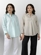 Light Blue & Light Grey Airy Linen Pleated Cotton Tops