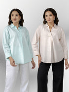 Light Blue & Light Pink Airy Linen Pleated Cotton Tops