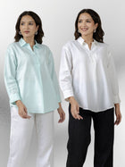 Light Blue & White Airy Linen Pleated Cotton Tops