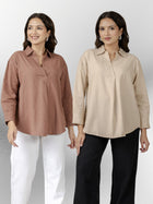 Light Brown & Beige Airy Linen Pleated Cotton Tops