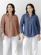 Light Brown & Blue Airy Linen Pleated Cotton Tops