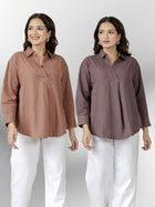 Light Brown & Chocolate Airy Linen Pleated Cotton Tops