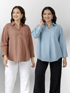 Light Brown & Firozi Airy Linen Pleated Cotton Tops
