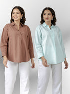 Light Brown & Light Blue Airy Linen Pleated Cotton Tops