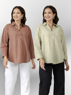 Light Brown & Light Green Airy Linen Pleated Cotton Tops
