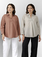 Light Brown & Light Grey Airy Linen Pleated Cotton Tops