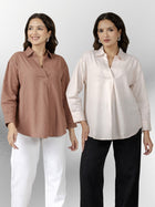 Light Brown & Light Pink Airy Linen Pleated Cotton Tops