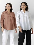 Light Brown & White Airy Linen Pleated Cotton Tops