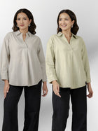 Light Grey & Light Green Airy Linen Pleated Cotton Tops