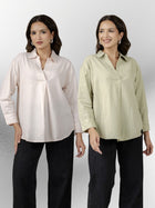 Light Pink & Light Green Airy Linen Pleated Cotton Tops