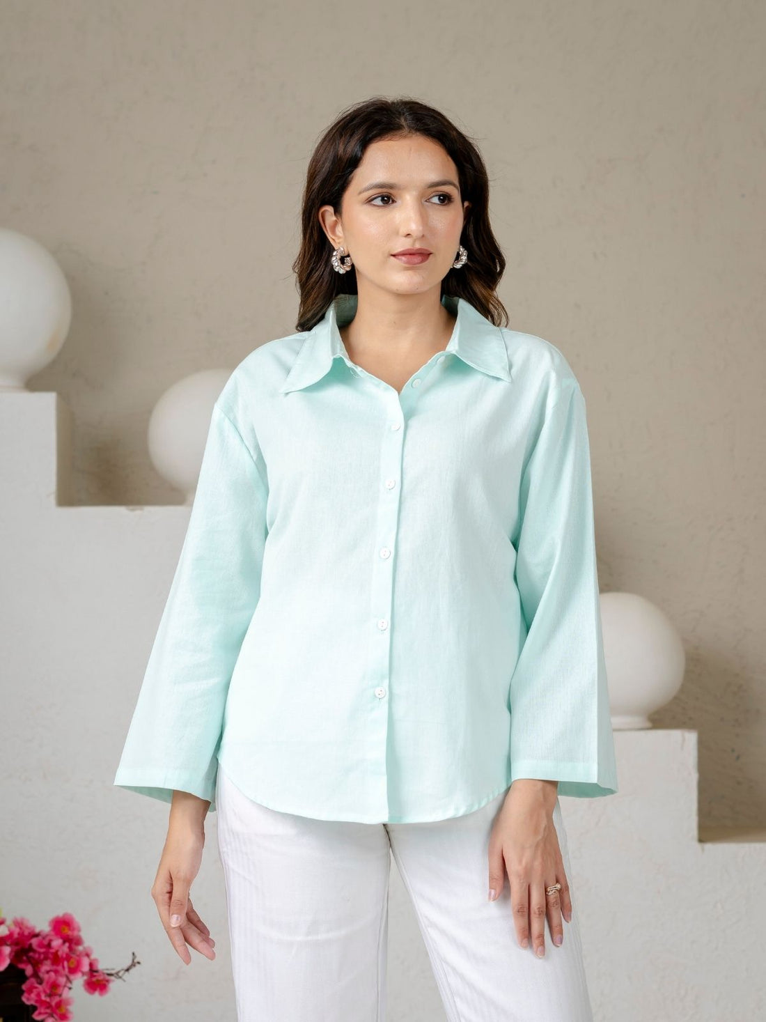 Light Blue Cotton bell Sleeves Shirts