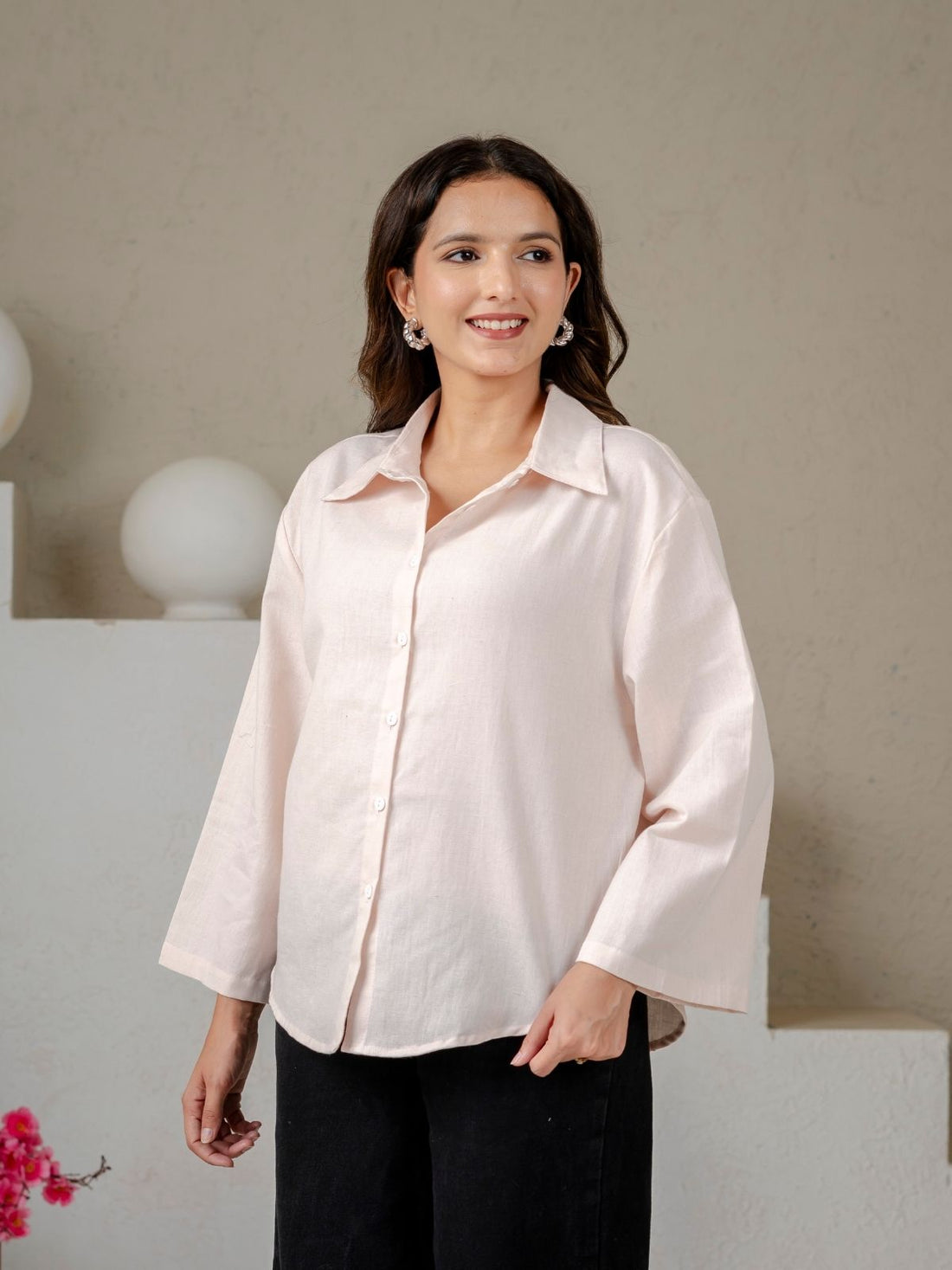 Light Pink Cotton bell Sleeves Shirts