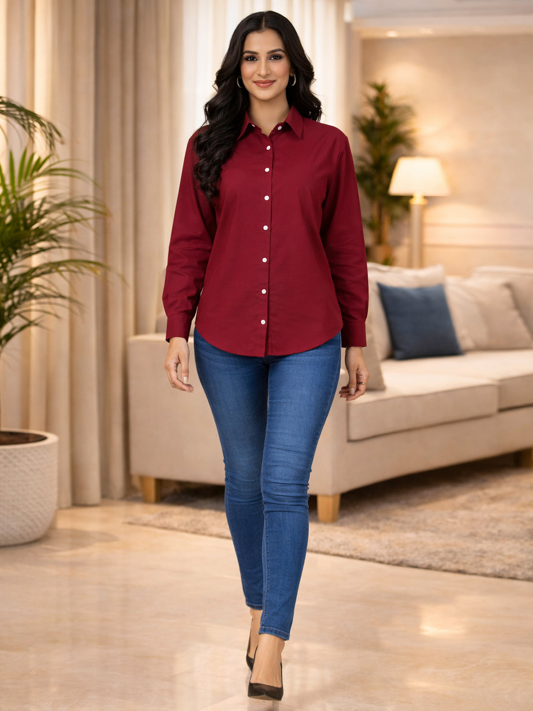 Maroon Loose-Fit Over Size Cotton Shirt