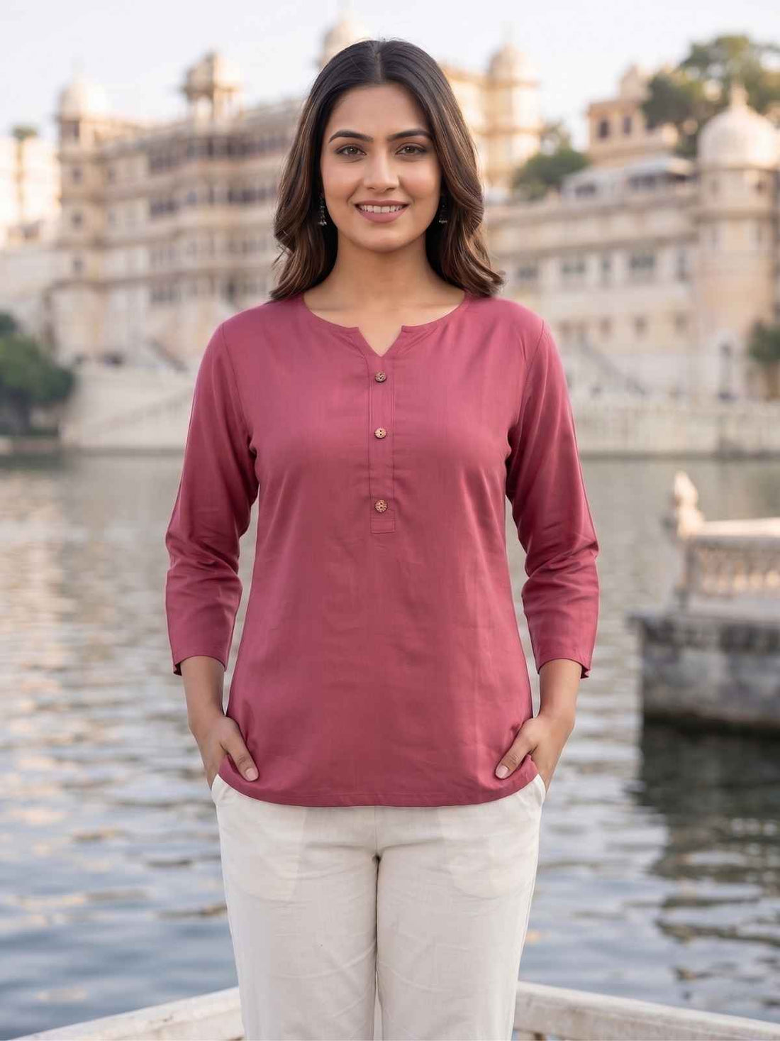 Women Peach Rayon Short Kurti