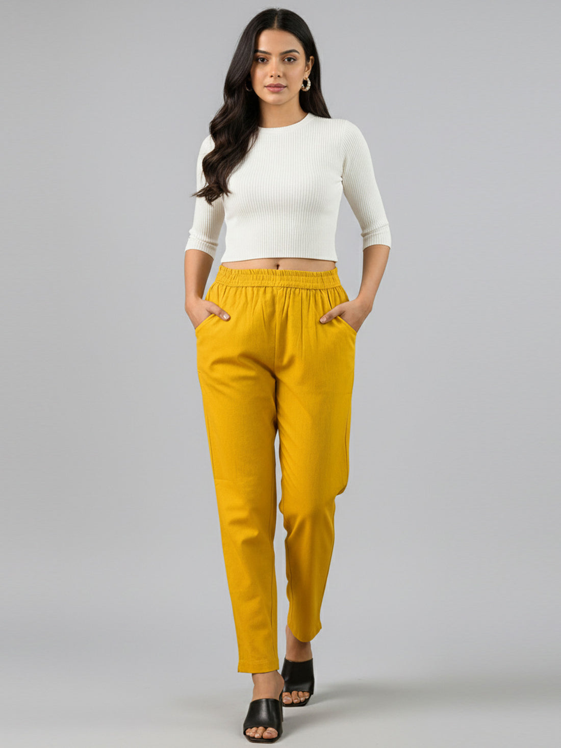 Bundle of 2 Mustard & NavyBlue Everyday Cotton Round Elastic Trousers