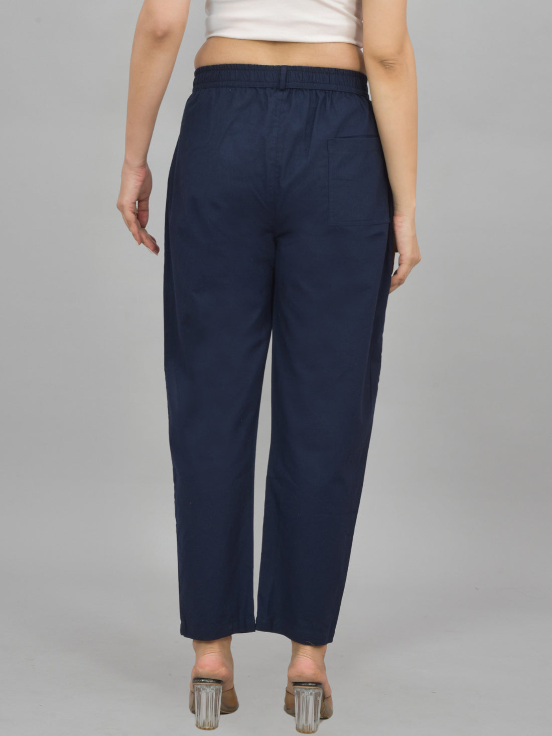 Everyday Navy Blue Cotton Pants With Zip Closure