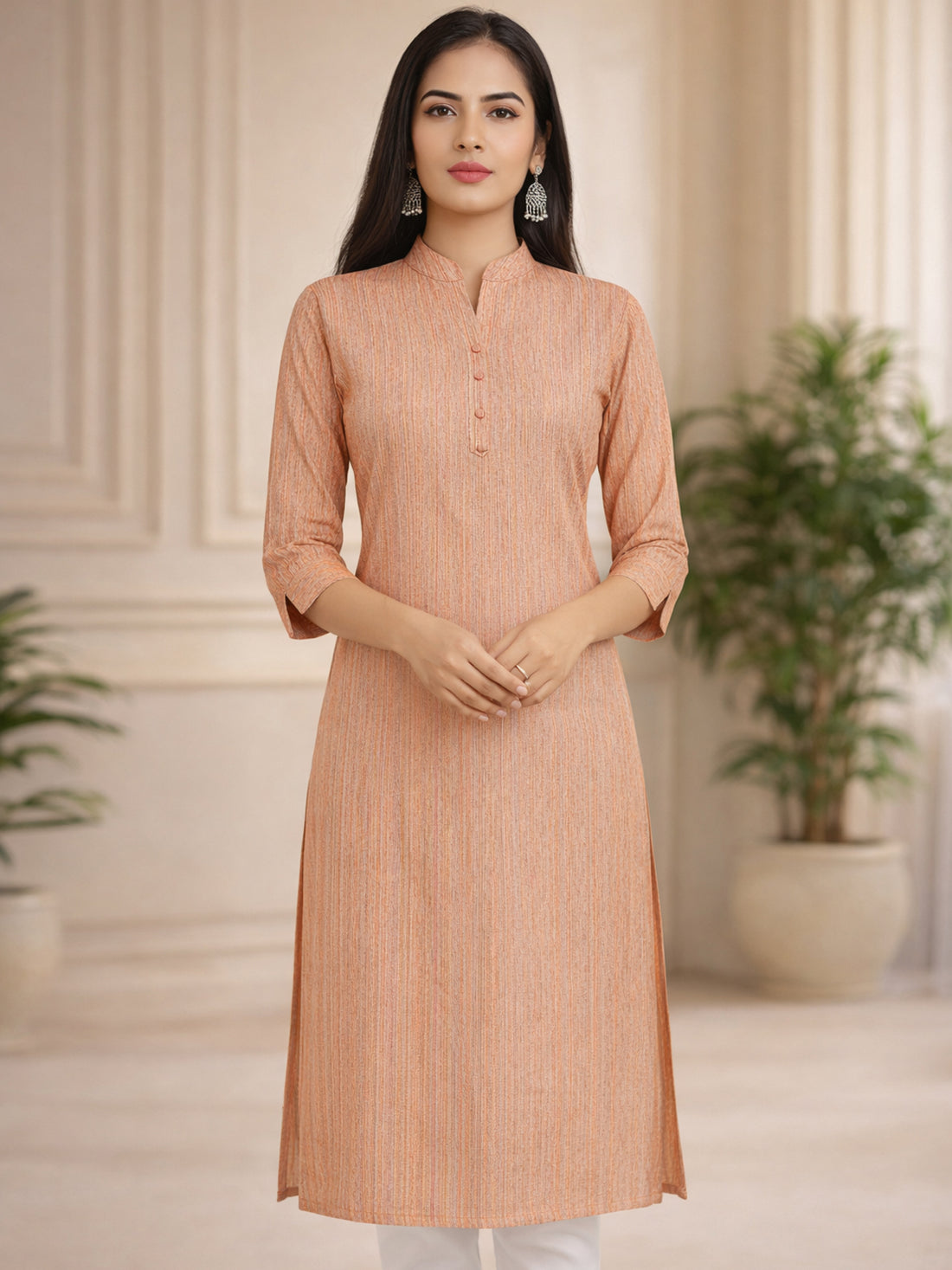 Orange South Cotton Multistripe Straight Kurti