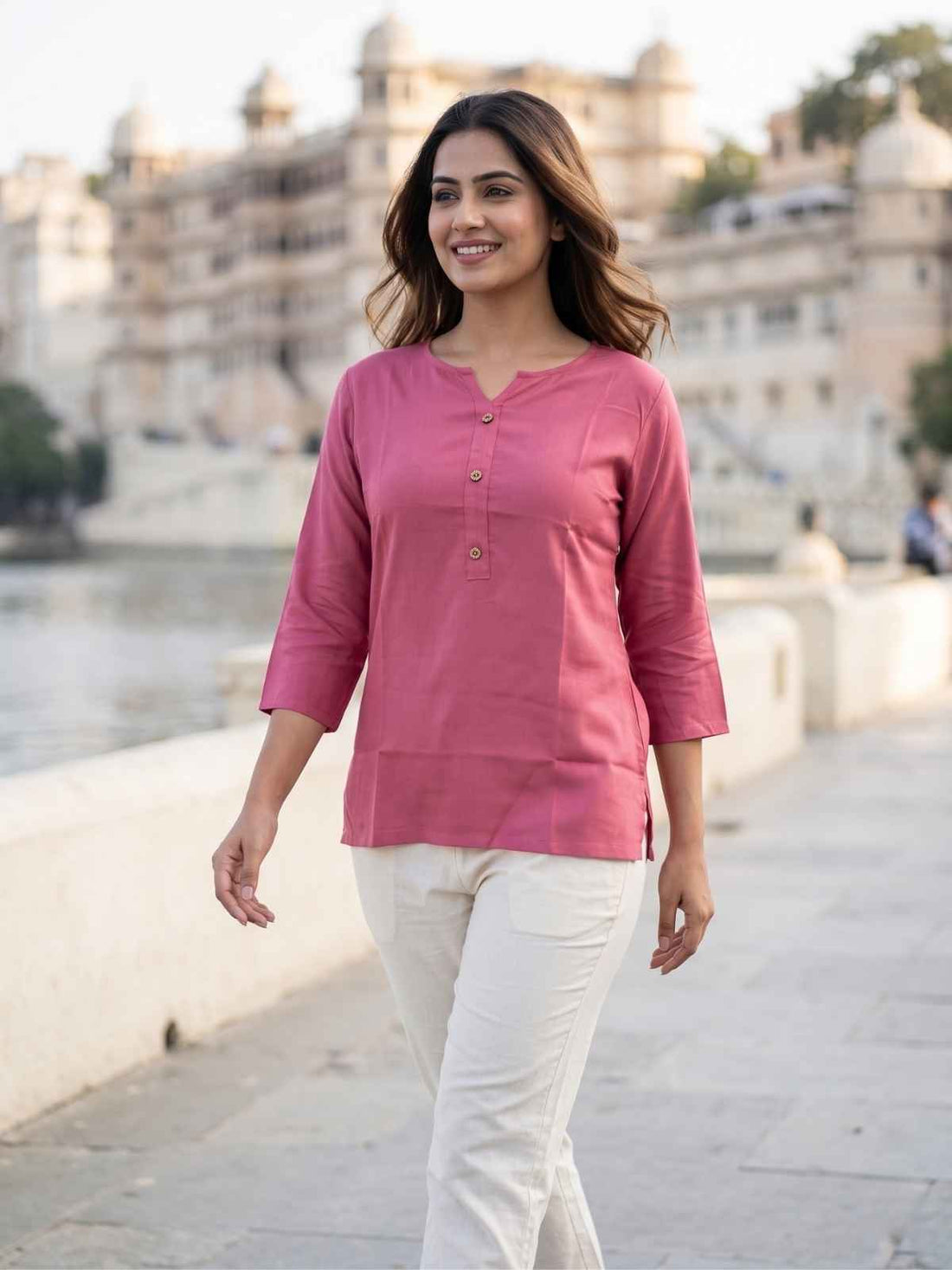 Peach & Teal Blue Rayon Short Kurti