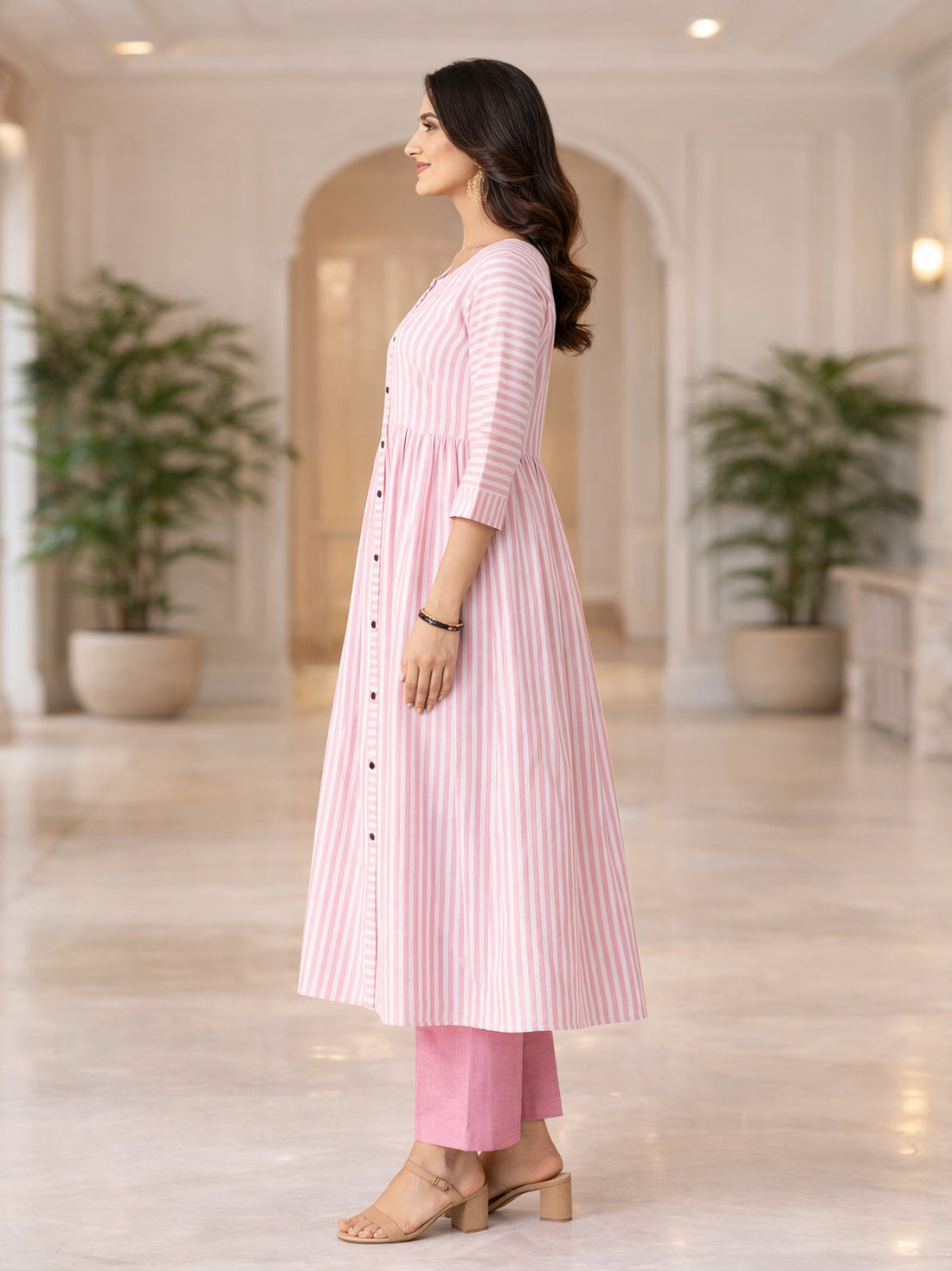 Pink Cotton Stripe Flared Long  Kurti