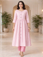 Pink Cotton Stripe Flared Long  Kurti