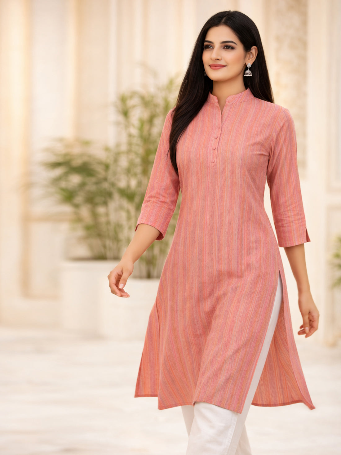 Pink South Cotton Multistripe Straight Kurti