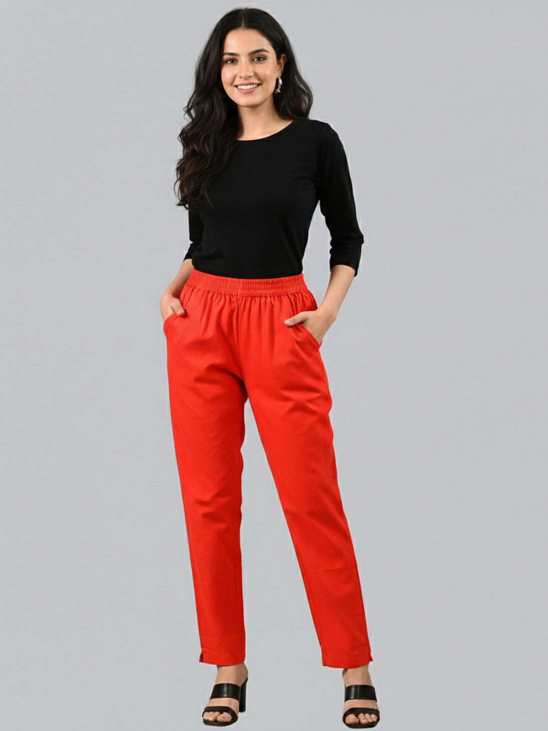 Bundle of 2 Red & TealBlue Everyday Cotton Round Elastic Trousers