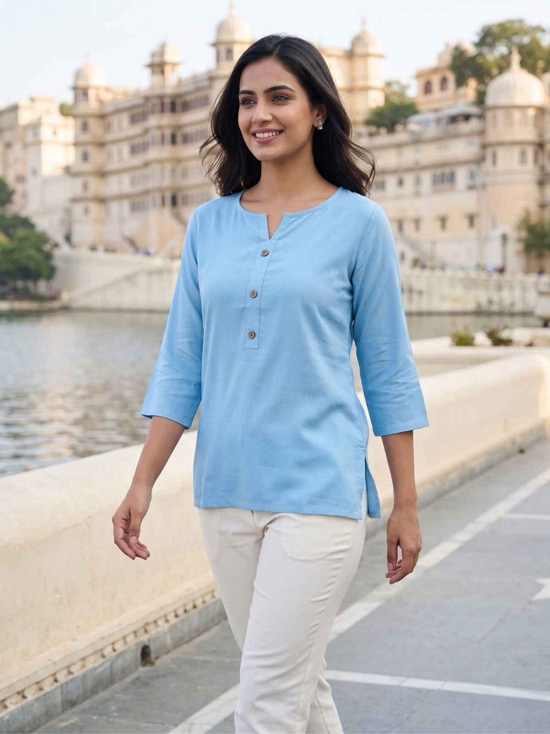 SkyBlue & Wine Rayon Short Kurti