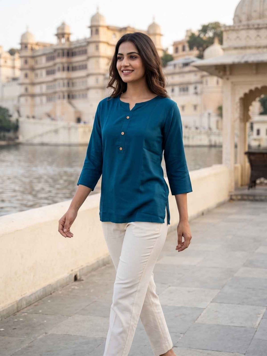 Teal Blue & Wine Rayon Short Kurti