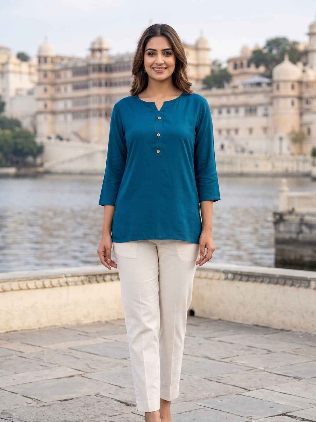 Women TealBlue Rayon Short Kurti