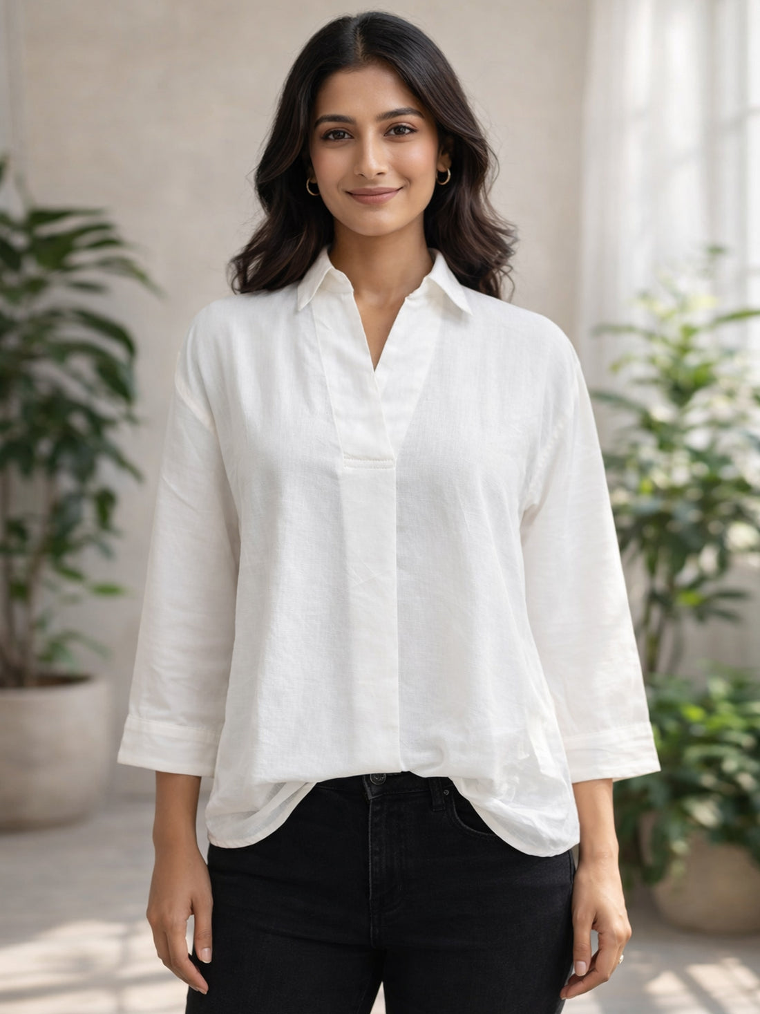 White Airy Linen Pleated Cotton Top