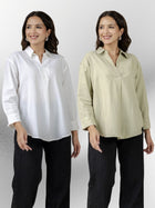White & Light Green Airy Linen Pleated Cotton Tops