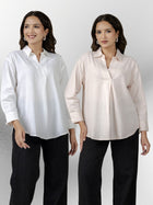 White & Light Pink Airy Linen Pleated Cotton Tops