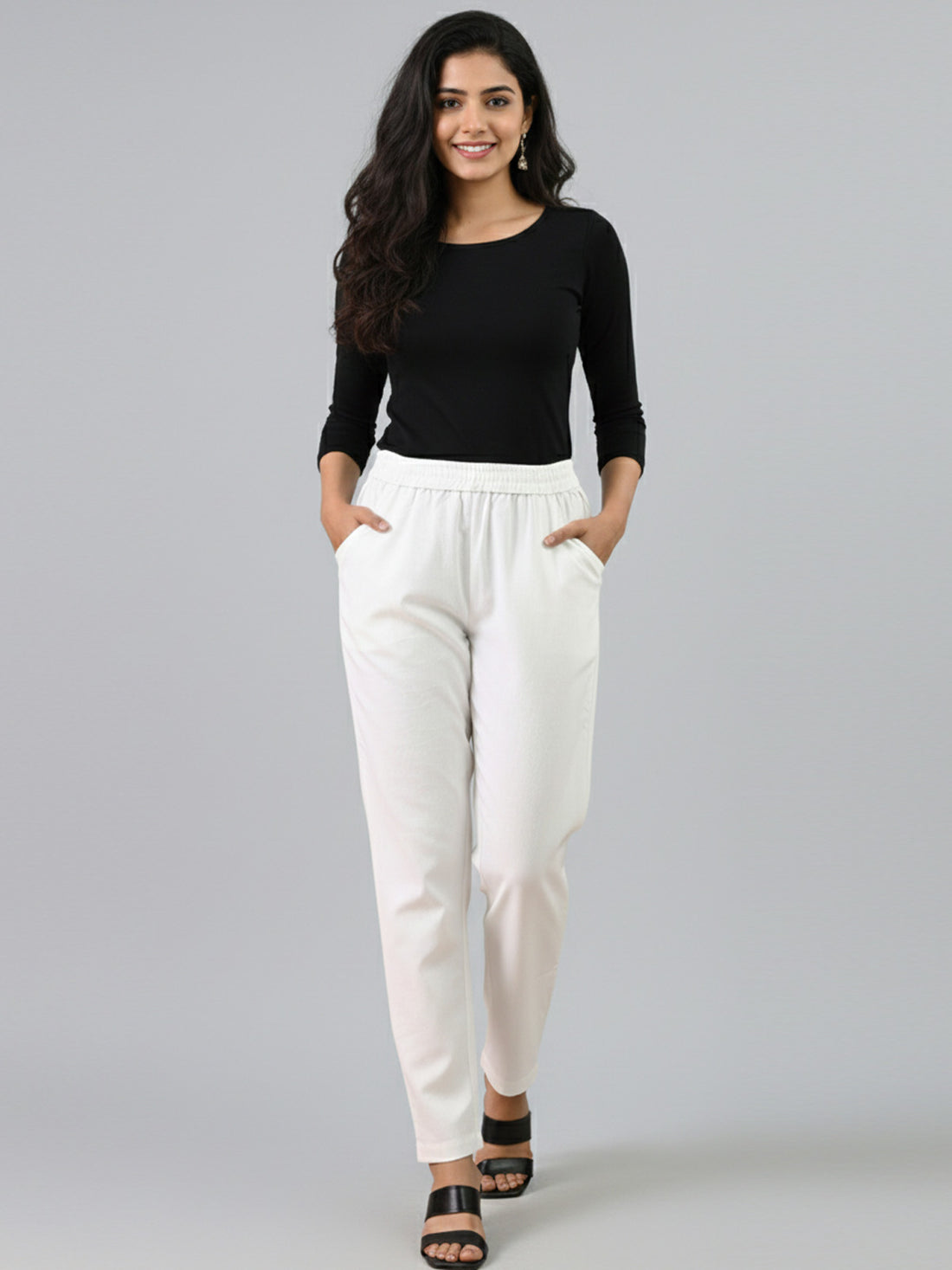 Bundle of 2 White & Wine Everyday Cotton Round Elastic Trousers