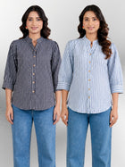 Black & Blue Elegant Small Stripe Shoulder-Pleat Shirts Combo