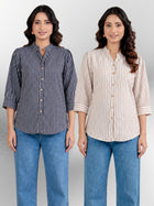 Black & Brown Elegant Small Stripe Shoulder-Pleat Shirts Combo
