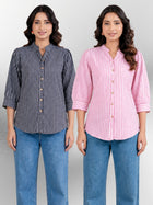 Black & Pink Elegant Small Stripe Shoulder-Pleat Shirts Combo