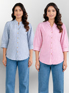 Blue & Pink Elegant Small Stripe Shoulder-Pleat Shirts Combo
