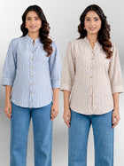 Blue & Brown Elegant Small Stripe Shoulder-Pleat Shirts Combo