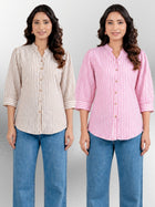 Brown & Pink Elegant Small Stripe Shoulder-Pleat Shirts Combo