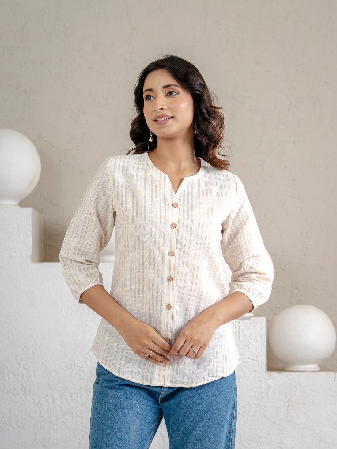 Light Brown & Light Green Striped Cotton Casual Shirts Combo