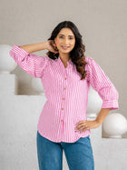Elegant Pink Small Stripe Shoulder-Pleat Shirt