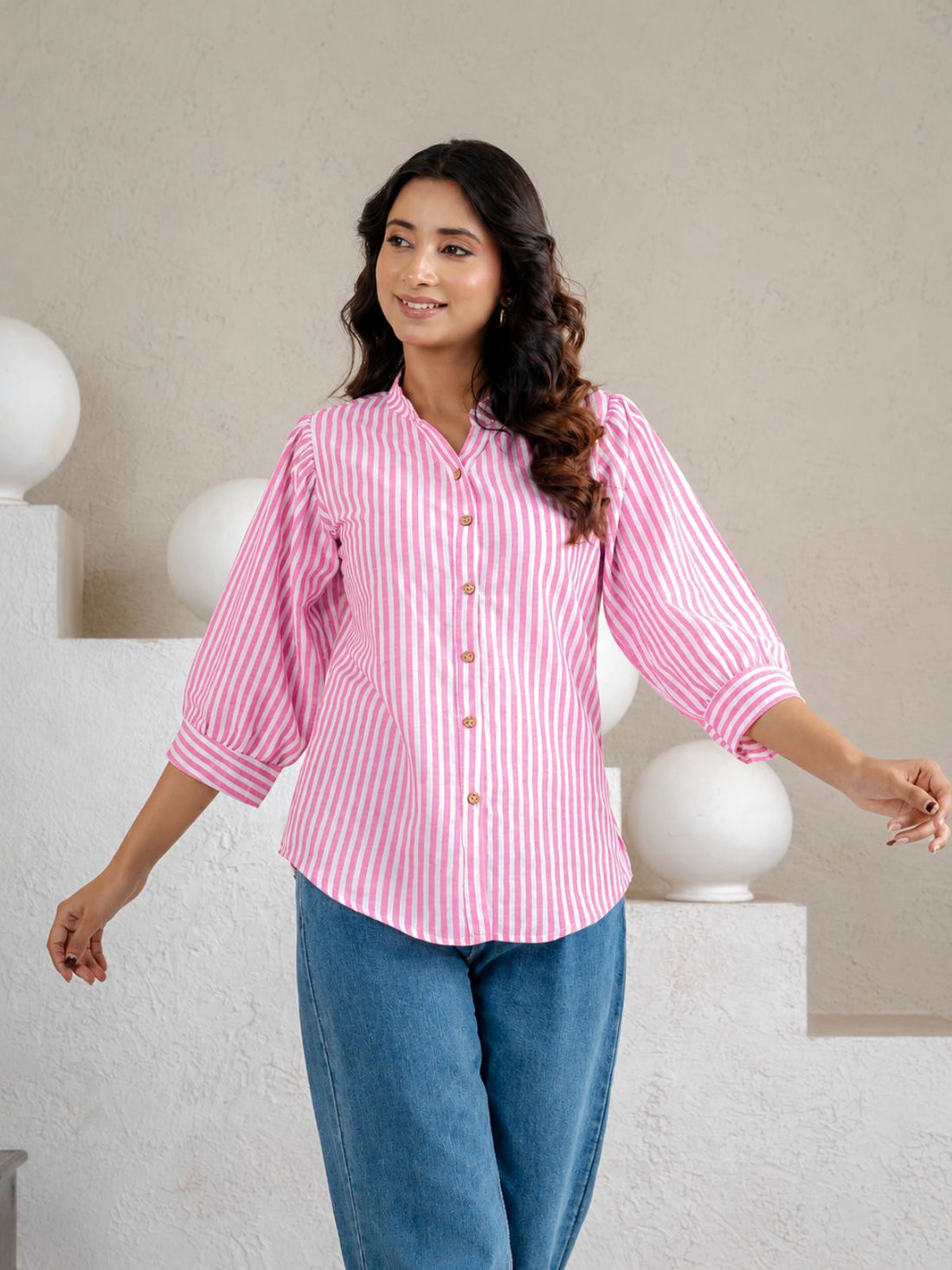 Elegant Pink Small Stripe Shoulder-Pleat Shirt