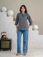 Elegant Black Small Stripe Shoulder-Pleat Shirt
