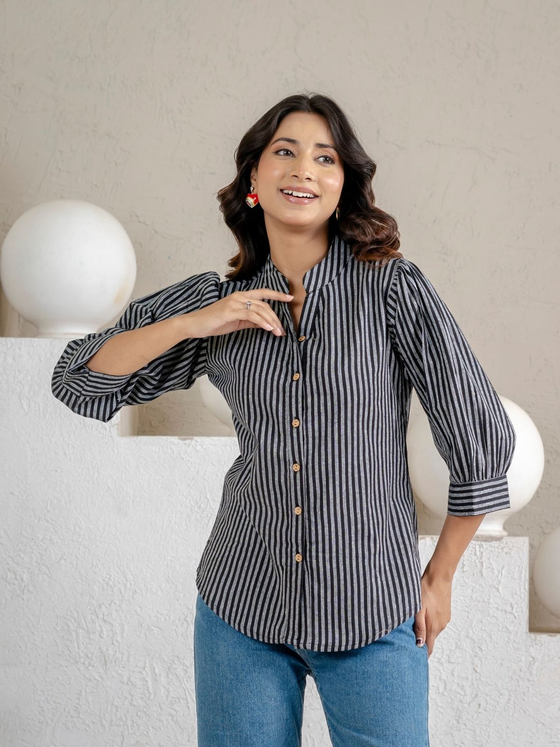 Elegant Black Small Stripe Shoulder-Pleat Shirt