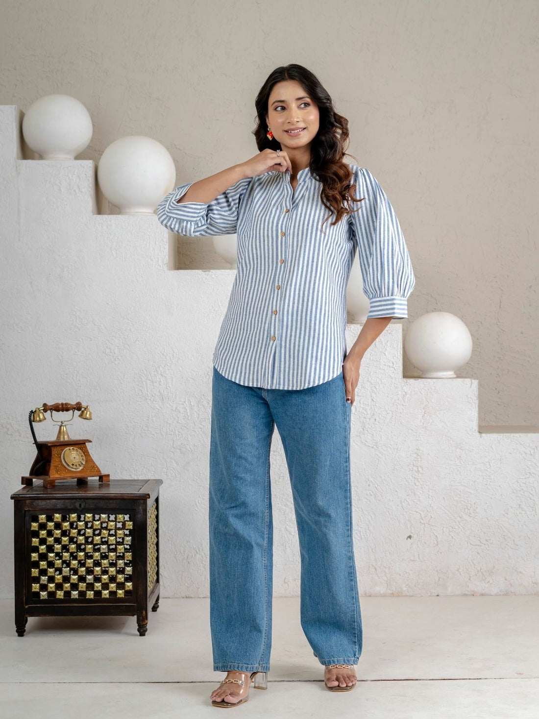 Elegant Blue Small Stripe Shoulder-Pleat Shirt