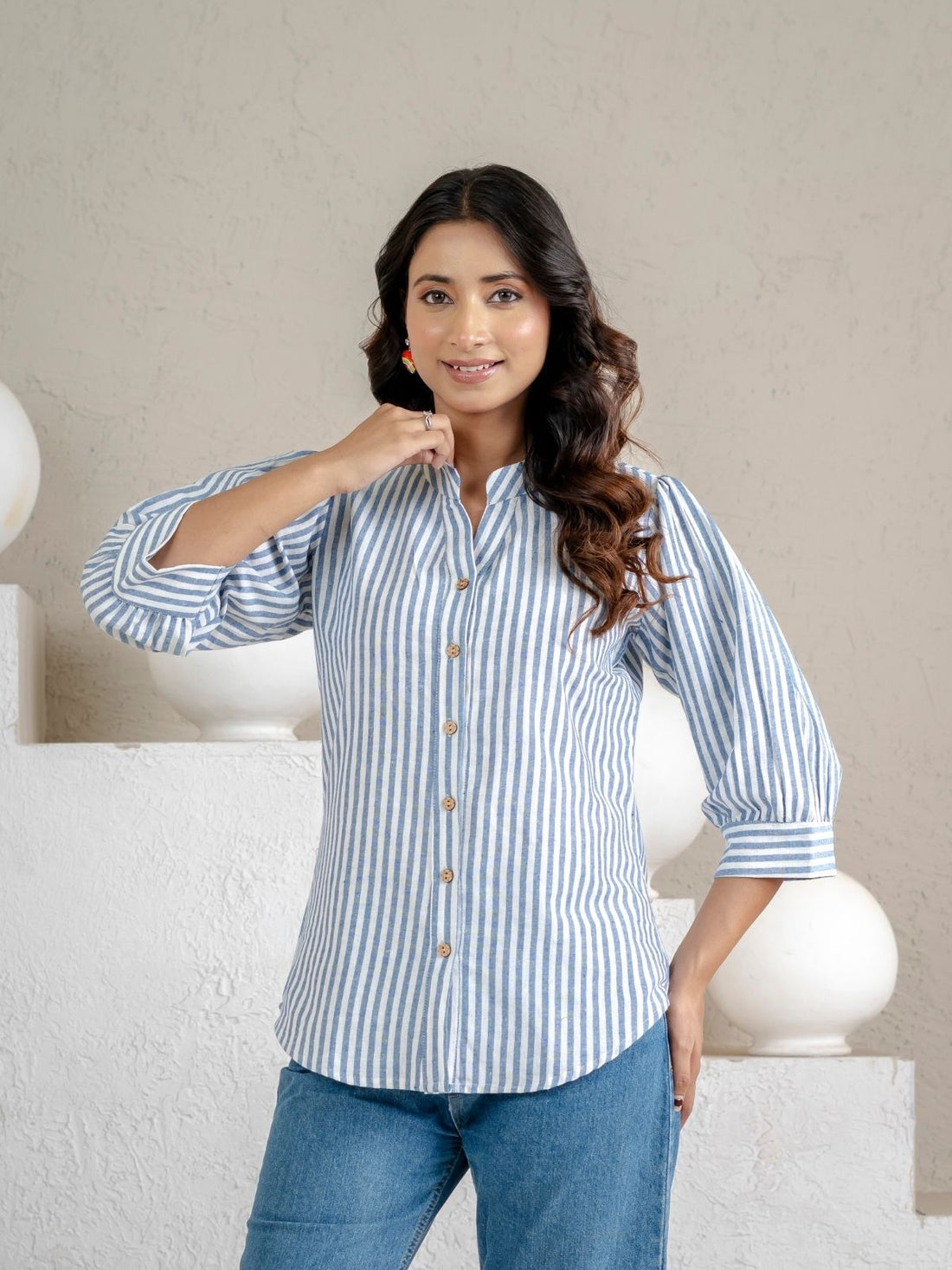 Blue & Brown Elegant Small Stripe Shoulder-Pleat Shirts Combo