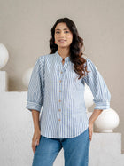 Elegant Blue Small Stripe Shoulder-Pleat Shirt